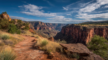 A mountain range with a trail leading to the top. The sky is clear and the sun is shiningの素材
