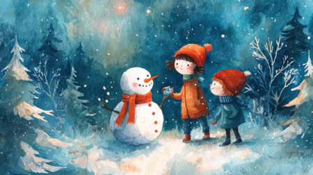 A painting of two children playing in the snow with a snowman. The snowman is holding a carrot and the children are looking at it. The mood of the painting is cheerful and playfulの素材
