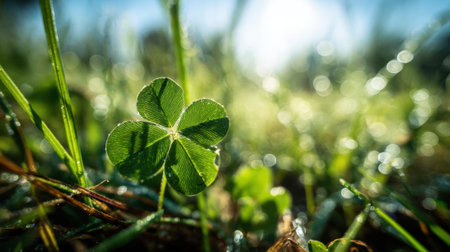 A green clover leaf is in the foreground of a field of grass. The leaf is surrounded by water droplets, giving it a fresh and lively appearance. Concept of growth and renewalの素材