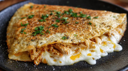 A plate of food with a chicken burrito on it. The burrito is covered in cheese and has a sprinkle of parsley on topの素材