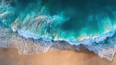 The ocean is calm and the waves are small. The water is a beautiful shade of blue. The beach is sandy and the sky is clearの素材