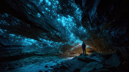 A person is standing in a cave with glowing blue lights. The cave is dark and the person is the only light sourceの素材