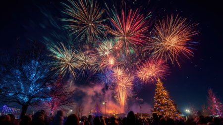 A large crowd of people are watching fireworks in the sky. The fireworks are bright and colorful, creating a festive atmosphereの素材