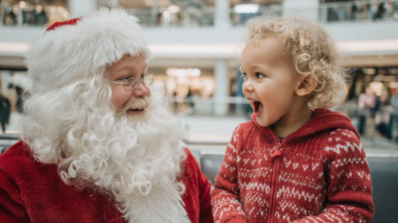 A little girl is sitting next to Santa Claus, who is smiling and wearing a red hat. The girl is also smiling and he is excitedの素材