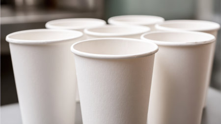 A row of white paper cups are lined up on a table. The cups are all the same size and shape, and they are all empty. The scene is simple and uncluttered, with the cups arranged neatly in a rowの素材