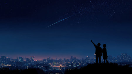 A couple of silhouettes are looking up at a shooting star in the night sky. The city below them is lit up, creating a beautiful contrast between the bright lights and the dark skyの素材