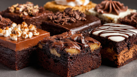 A row of brownies with different toppings. The brownies are arranged in a row on a tableの素材