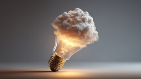 A light bulb is lit up and is surrounded by a cloud of smoke. The light bulb is the main focus of the image, and the smoke adds a sense of mystery and intrigue. Concept of creativity and innovationの素材