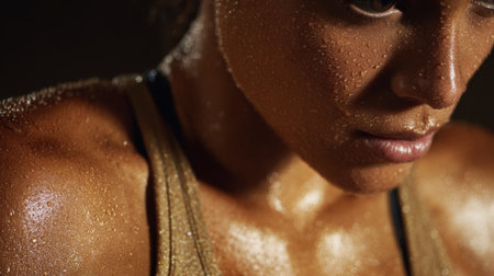 A woman with sweat on her face and neck. She is wearing a tank top. Concept of physical exertion and hard workの素材