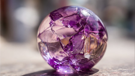 A purple glass ball with a crack in it. The crack is visible on the surface of the ballの素材