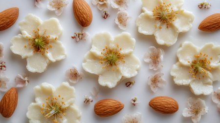 A close up of a white flower with a nut on it. The flower is surrounded by other flowers and nutsの素材
