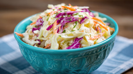 A bowl of coleslaw with shredded carrots and parsley. The bowl is blue and the parsley is greenの素材