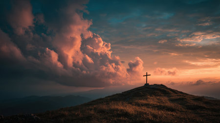 A cross is on top of a hill in the middle of a cloudy sky. The sky is a mix of pink and blue hues, creating a serene and peaceful atmosphereの素材