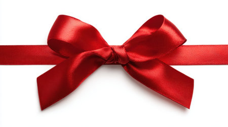 A red ribbon is tied into a bow shape, with a knot at the end. The ribbon is shiny and has a vibrant red color. The bow is tied in a neat and tidy manner, giving it a polished and elegant appearanceの素材