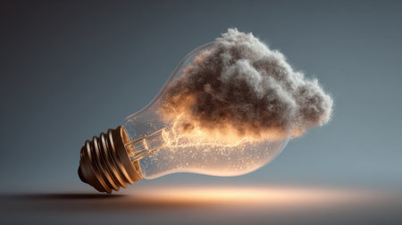 A light bulb is lit up and surrounded by a cloud of dust. The light bulb is the main focus of the image, but the cloud of dust adds a sense of chaos and disorder to the sceneの素材