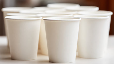 A row of white paper cups are lined up on a table. The cups are all the same size and shape, and they are all empty. The scene gives off a sense of order and simplicityの素材
