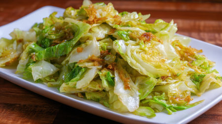 A white plate filled with a variety of green vegetables, including lettuce, broccoli, and carrots. The vegetables are arranged in a visually appealing manner, with some pieces overlappingの素材