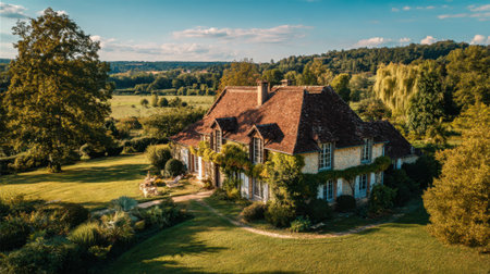 A stunning countryside house with a charming exterior is set amidst lush greenery and trees illuminated by the warm light of the late afternoon sun. Nature surrounds the home.の素材