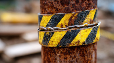 A rusted metal pole with a yellow and black striped chain wrapped around it. The pole is leaning against a wall and he is in a state of disrepairの素材