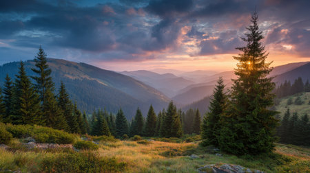 A serene sunset casts warm colors over the vast forested hills. Pine trees stand tall amidst the lush greenery creating a peaceful atmosphere in the countryside.の素材