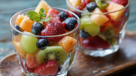 Bright and colorful fruit salad is served in clear cups featuring strawberries melons blueberries and kiwi placed on a wooden tray. Mint leaves add a fresh touch.の素材