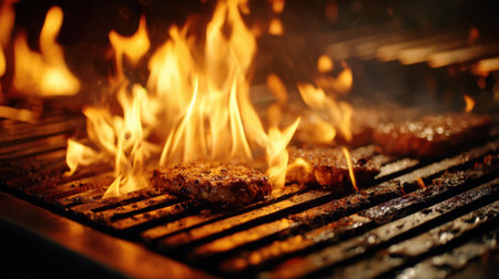 A grill with meat on it and flames. Scene is warm and inviting, as it shows a delicious meal being preparedの素材