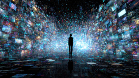 A man stands in a room with many screens on the walls. The screens are all different colors and sizes, and they are all moving and changingの素材