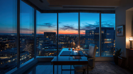 A stunning view of the city skyline at dusk from a sleek office. A wooden desk is positioned by large windows showcasing colorful sunset hues illuminating the buildings.の素材