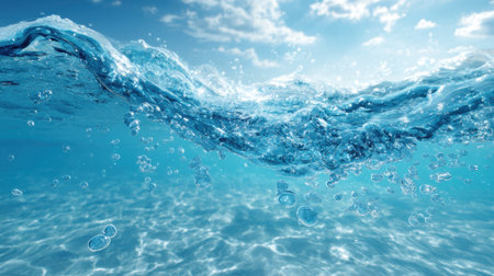 Bright sunlight reflects off clear blue water creating gentle waves that dance on the surface. Bubbles rise and shimmer enhancing the serene scenery. The atmosphere feels calm and refreshing.の素材