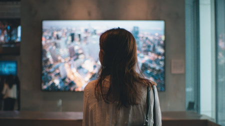 A person stands quietly in a contemporary setting observing a large display of a vibrant city skyline at twilight. The atmosphere feels reflective and calm.の素材