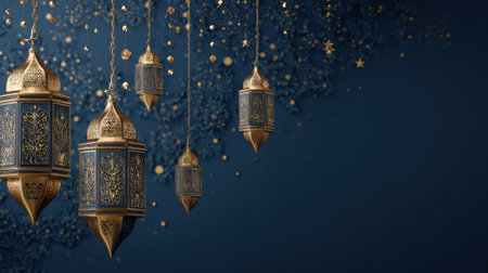 Decorative lanterns in rich gold and blue tones hang gracefully against a deep blue background. Small golden stars and sparkles surround them creating a magical nighttime atmosphere.の素材