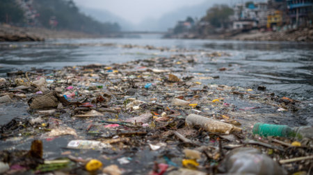 Rubbish and plastic debris float in the river showing the serious effects of pollution in an urban environment. The scene highlights environmental concerns during cloudy weather.の素材