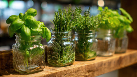 Five types of fresh herbs are arranged in glass jars on a wooden shelf. The scene is bright and inviting showcasing the vibrant green leaves in a warm kitchen.の素材