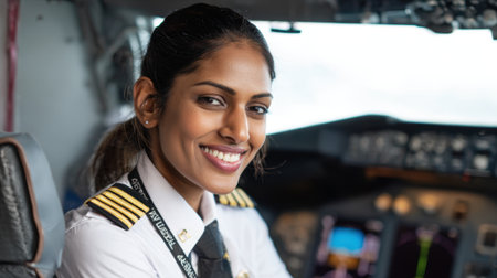 A confident female pilot sits in the cockpit smiling brightly. The early morning light fills the space highlighting the controls and instruments as she prepares for takeoff.の素材