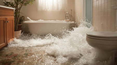 Water floods the bathroom as it spills over from the bathtub soaking the floor and causing disorder. The scene shows a messy situation with splashing water everywhere.の素材