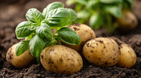 Potatoes are gathered around a healthy basil plant in dark damp soil. Their rich color contrasts with the green leaves under warm sunlight showing a lively garden atmosphere.の素材