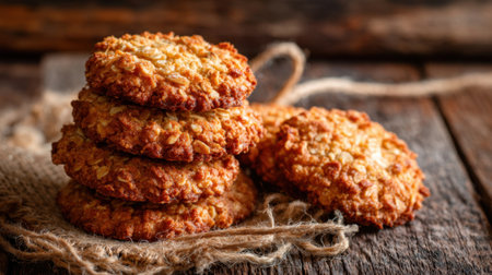Freshly baked oatmeal cookies are stacked in a cozy setting highlighting their golden brown edges and chewy texture. The wooden background adds warmth to the scene.の素材