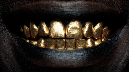 A close-up view highlights a mouth with striking gold dental work. The contrast between the gold and dark lips emphasizes unique personal style and bold fashion choices.の素材
