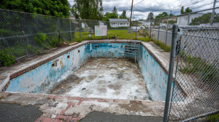 A neglected swimming pool sits empty and worn out in a suburban neighborhood. The surroundings are quiet with a few distant houses visible under overcast skies.の素材