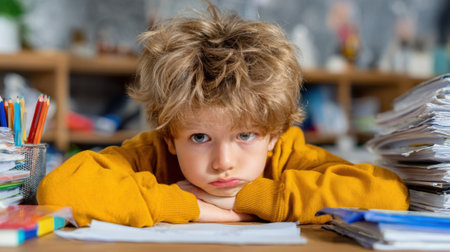 A boy in a yellow shirt is sitting at a desk with a stack of papers in front of him. He looks sad and is frowningの素材