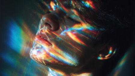 A person sits quietly in a dark room as vibrant light patterns dance across their face creating a captivating visual effect. The soft play of light evokes a sense of calm and introspection.の素材