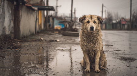 A dog is sitting in the rain, looking sad. The scene is set in a dirty, run-down area with a house in the backgroundの素材