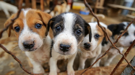 Three adorable puppies peer through the wire fence of an animal shelter their curious eyes shining as they seek attention from visitors nearby.の素材