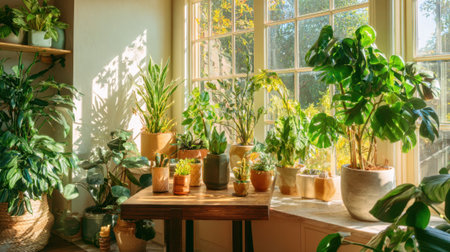 A table with a variety of potted plants, including a large one with a green leafy stemの素材