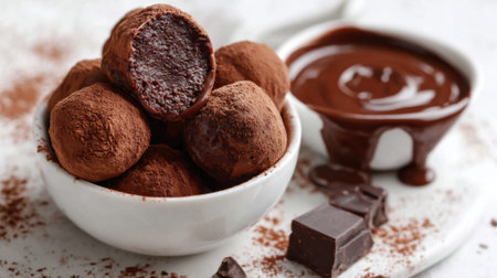 A bowl is filled with rich chocolate truffles coated in cocoa powder. A small dish of warm melted chocolate sits beside it with dark chocolate pieces nearby.の素材