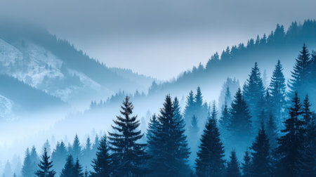 Dark green trees rise above misty valleys in early morning light. The landscape reveals layers of hills shrouded in soft fog creating a tranquil atmosphere in nature.の素材