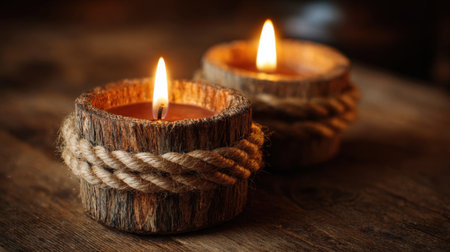 Two candles in wooden containers with rope ties. The candles are lit and the containers are placed on a wooden table. The scene has a warm and cozy atmosphereの素材