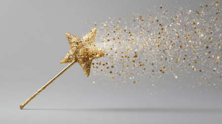 A golden star wand is sprinkled with shimmering dust letting out a magical aura. The sparkle adds a festive touch perfect for celebrations and special events.の素材