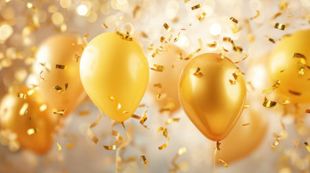 Bright golden balloons are seen floating upward surrounded by swirling confetti during a lively celebration. The background sparkles with light enhancing the festive atmosphere.の素材