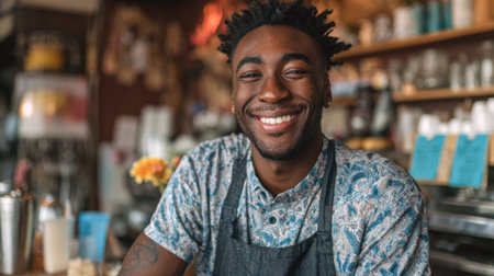A barista smiles warmly while standing behind the counter in a quaint cafe. Bright flowers decorate the space creating a welcoming atmosphere.の素材